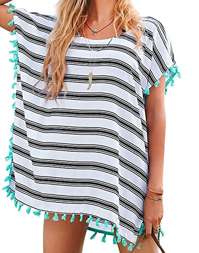 Chalier Womens Striped Chiffon Swimwear Bikini Swim Beachwear Swimsuit Cover up,A-white Stripe,One Size
