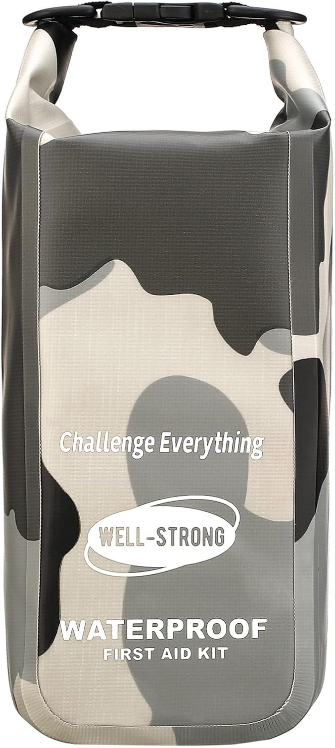 Waterproof First Aid Kit Roll Top Boat Emergency Kit with Waterproof Contents for Fishing Kayaking Boating Swimming Camping Rafting Beach Camouflage Grey