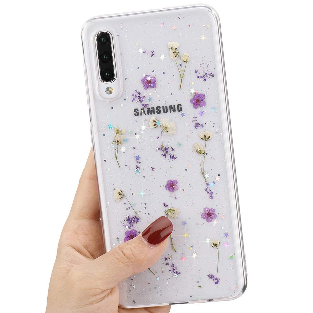 L-FADNUT Clear Dried Flowers Phone Case for Samsung Galaxy S10 Plus Cute Pressed Flower Sparkle Stars Glitter Silicone Gel Shockproof Girls Clear Floral Case for Samsung Galaxy S10 Plus Purple