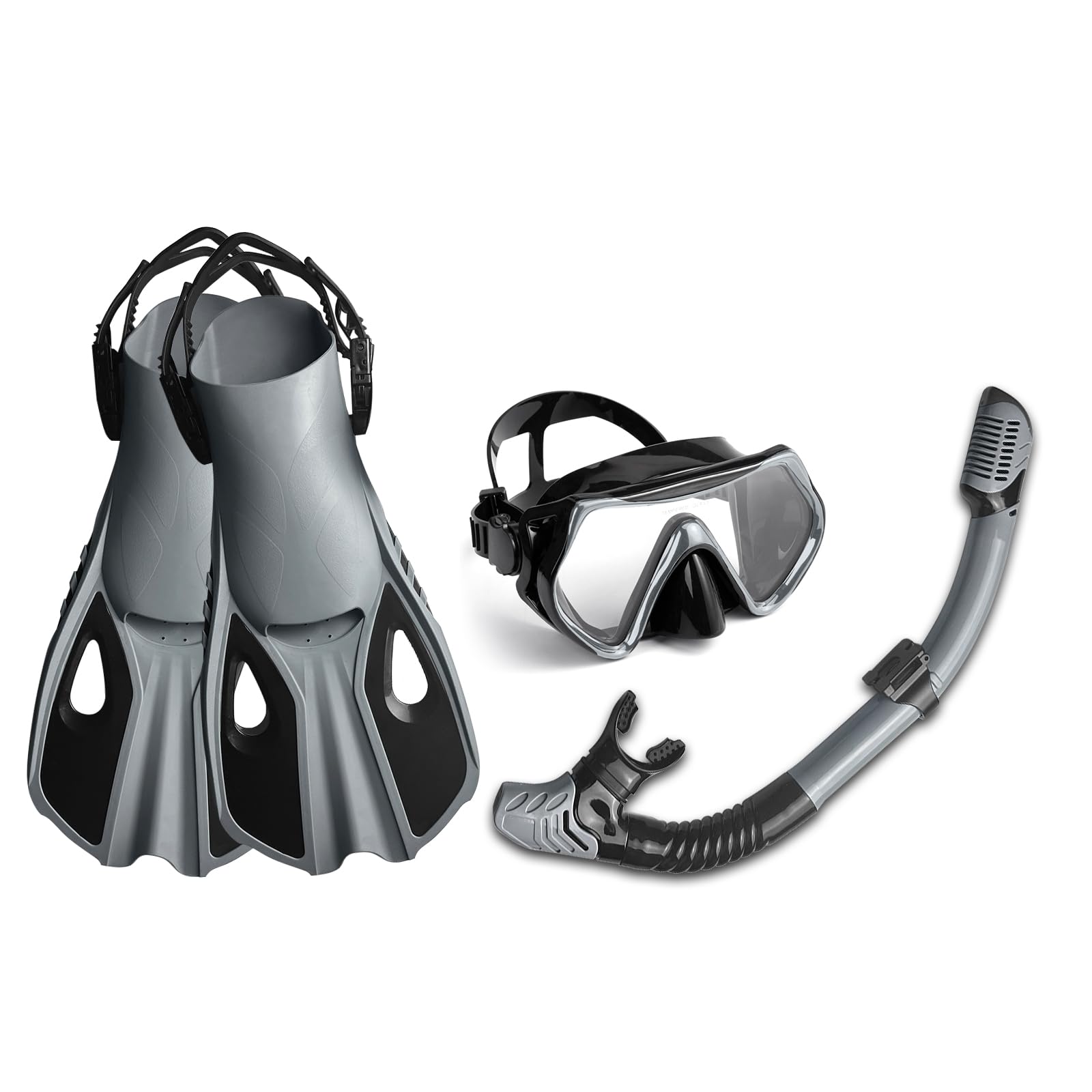 Matybobe Gafas de buceo de tres ventanas de alta transparencia con esnórquel de secado completo y aletas ajustables para hombres y mujeres, equipo de buceo