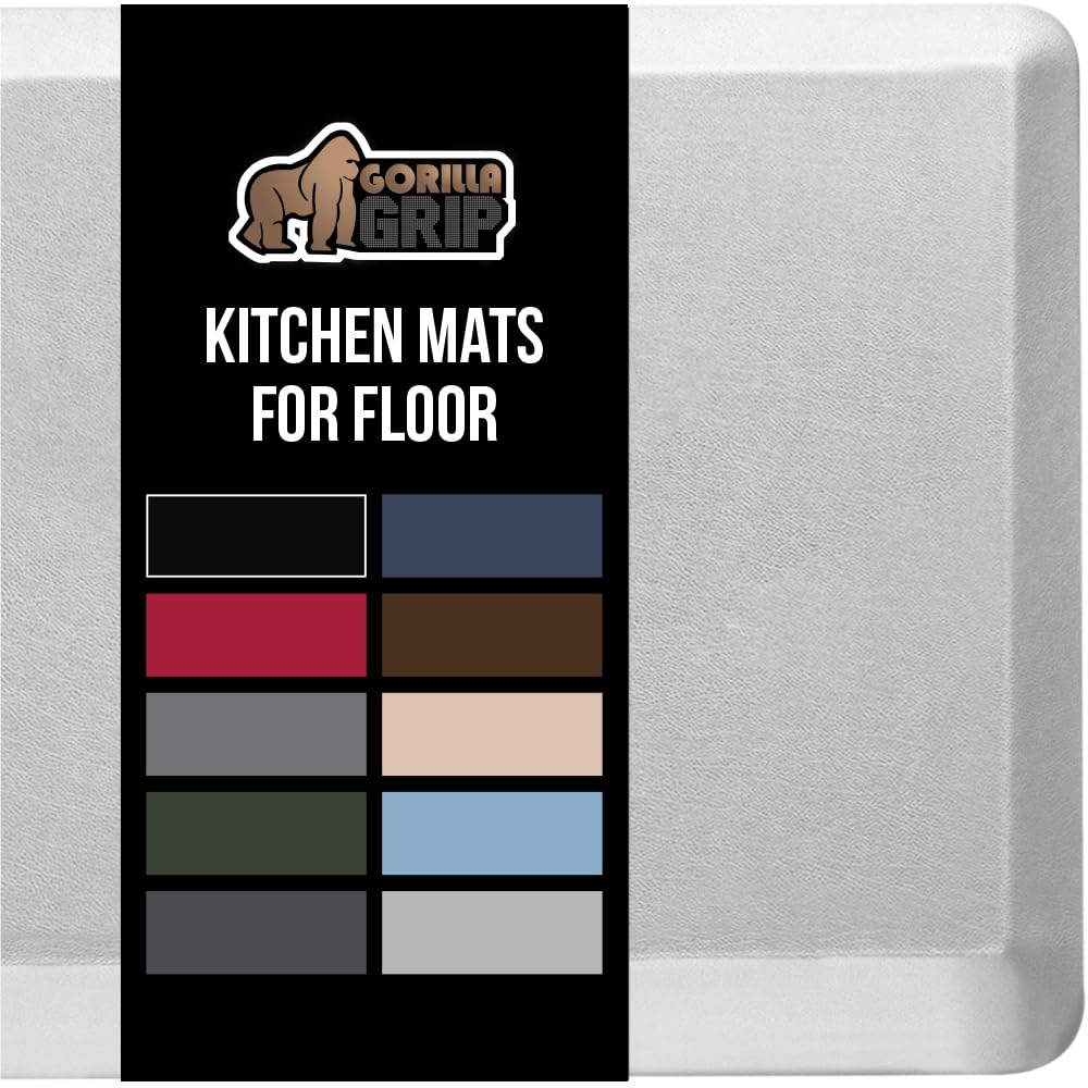 GORILLA GRIP Comfortable Cushioned Kitchen Mats for Floor, 48x20, Waterproof and Stain Resistant Soft Top, 3/4 Inch Thick Ergonomic Standing Desk Anti Fatigue Mat, Foam Supports Feet, Ash Gray