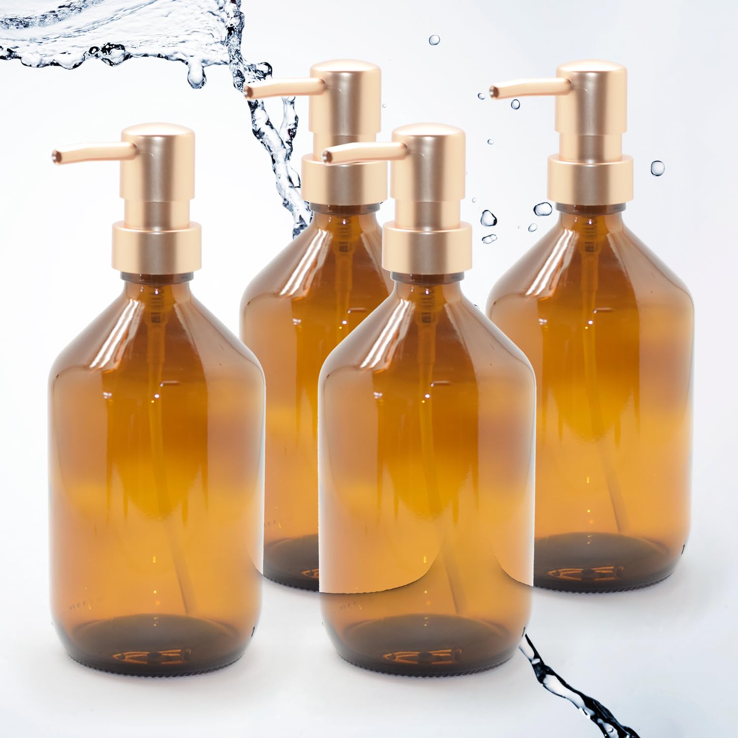 Lot de 4 distributeurs de savon en verre - 500 ml - En verre marron - Diamètre : 8,5 x 21 cm - Avec tête de pompe dorée - Distributeur élégant de liquide vaisselle et distributeur à pompe - Idéal pour