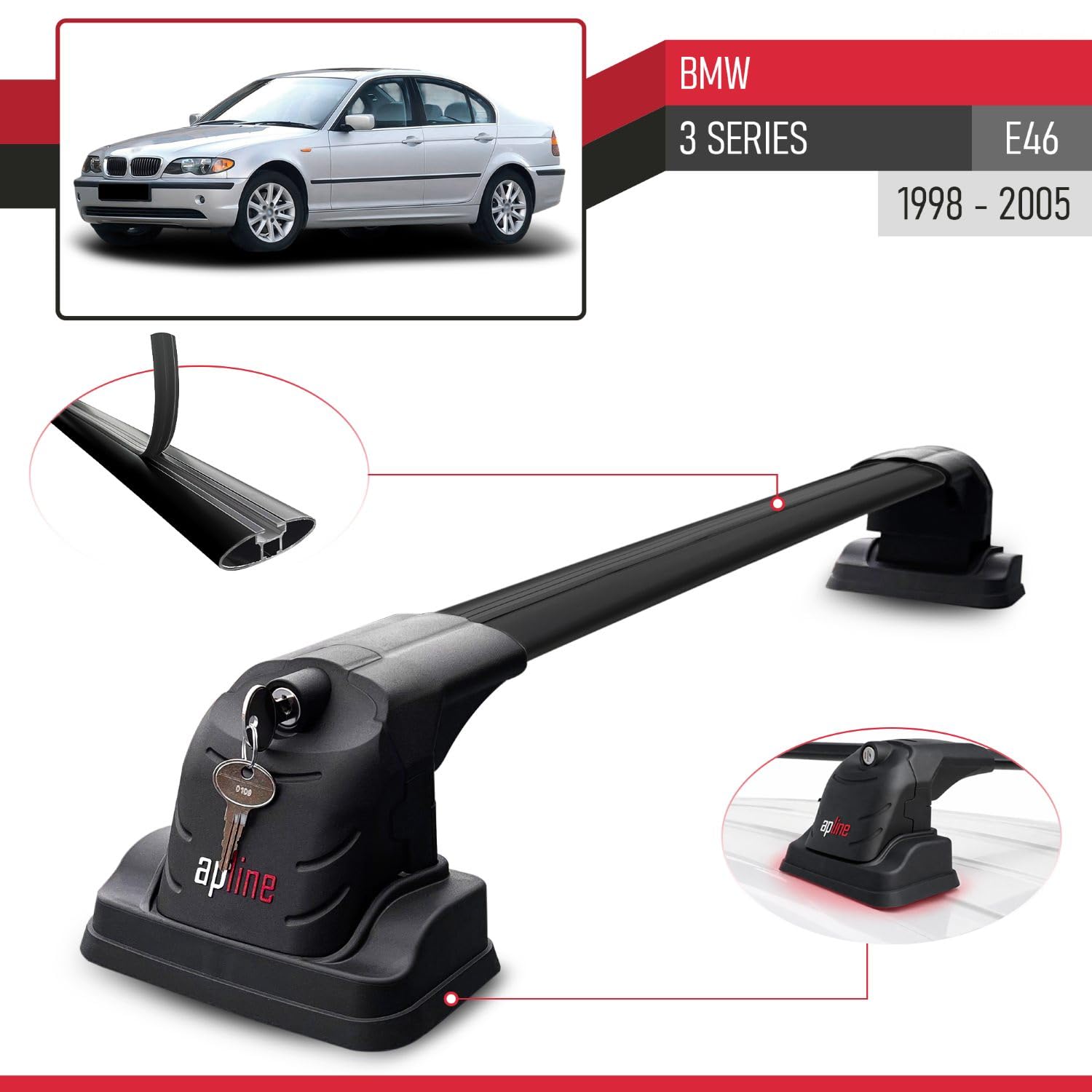 Kompatybilny z BMW 3 Series (E46) 1998-2005 ACE-3 Model Aluminiowy bagażnik dachowy 2 poprzeczki, czarne