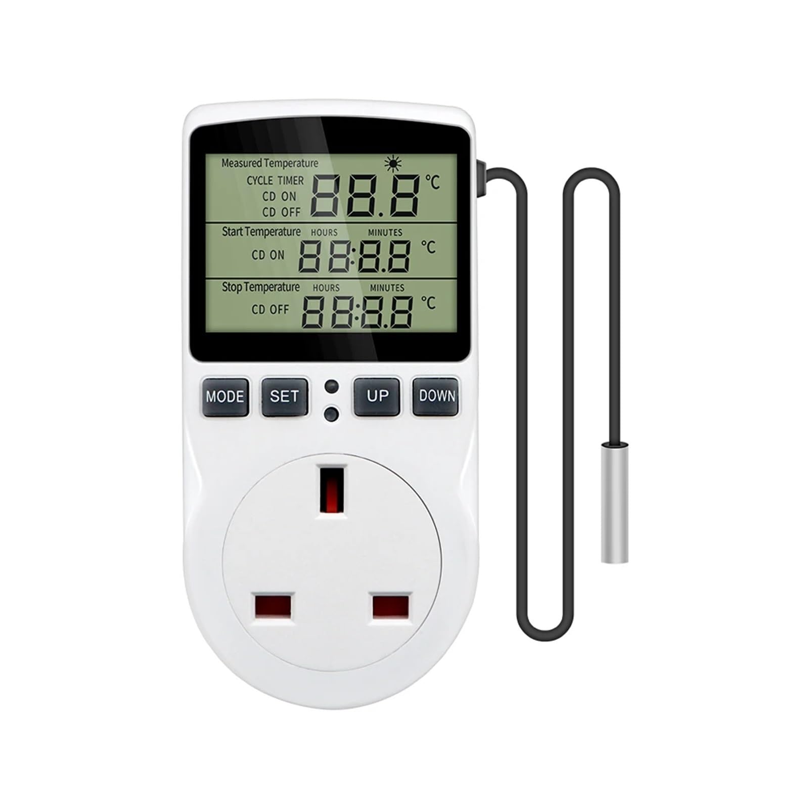Thermostat Timer Socket Digital Temperature Controller Outlet Timer Switch with Sensor Probe Heating Cooling 110V~230V(UK Plug)