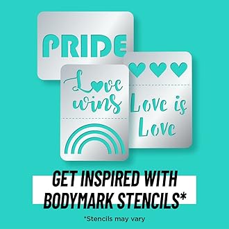 Bodymark by BIC, Temporary Tattoo Marker, Pride Pack, Skin-Safe, Mixed Brush Tip & Fine Tip, Assorted Colors, 11 Markers + 10 Stencils