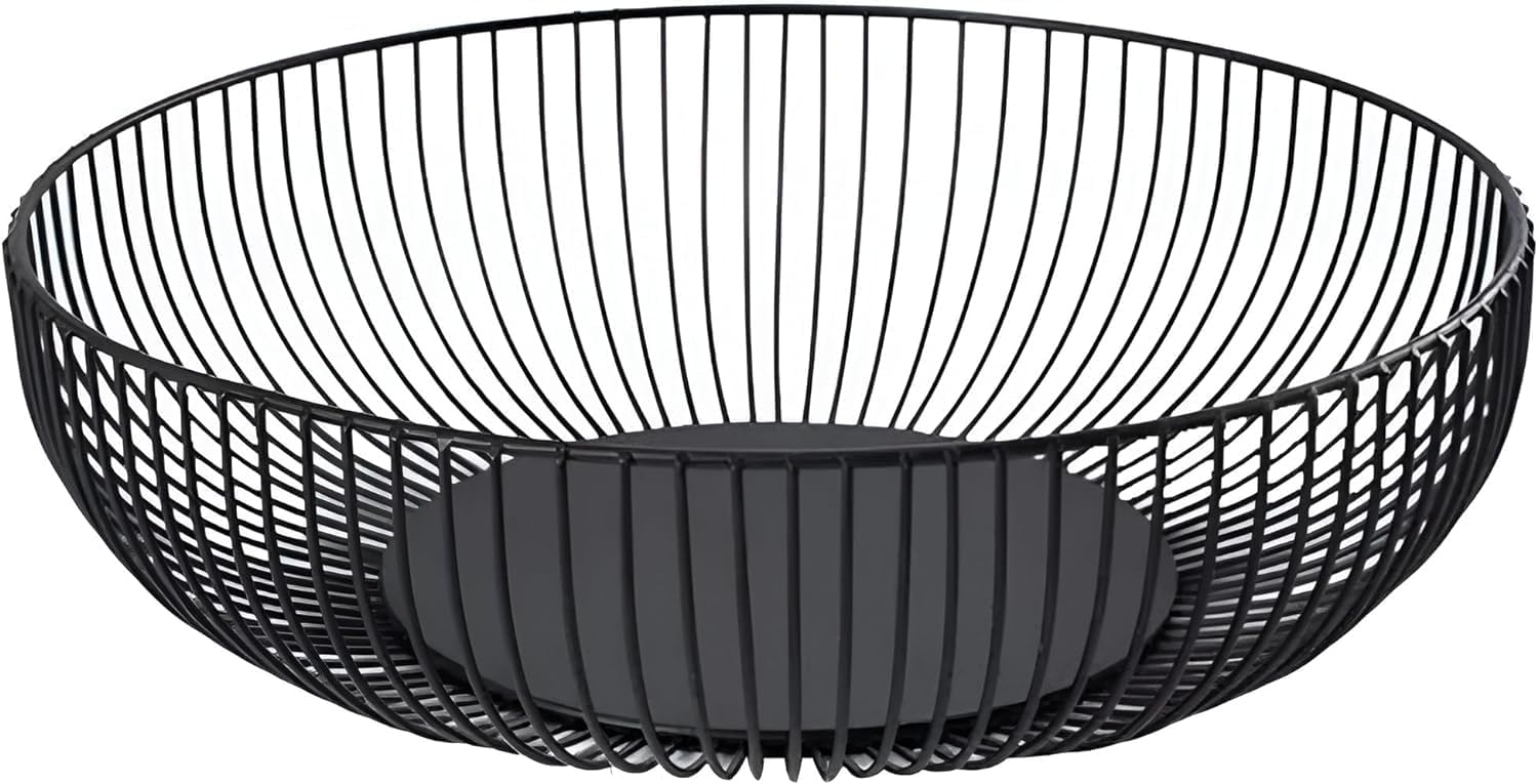 Fruit Bowl for Kitchen Counter, Black Wire Fruit Bowl, Metal Countertop Fruit Basket, 11 Inches Round Holder for Lemon, Banana, Candy, Snack in Office (Round C)