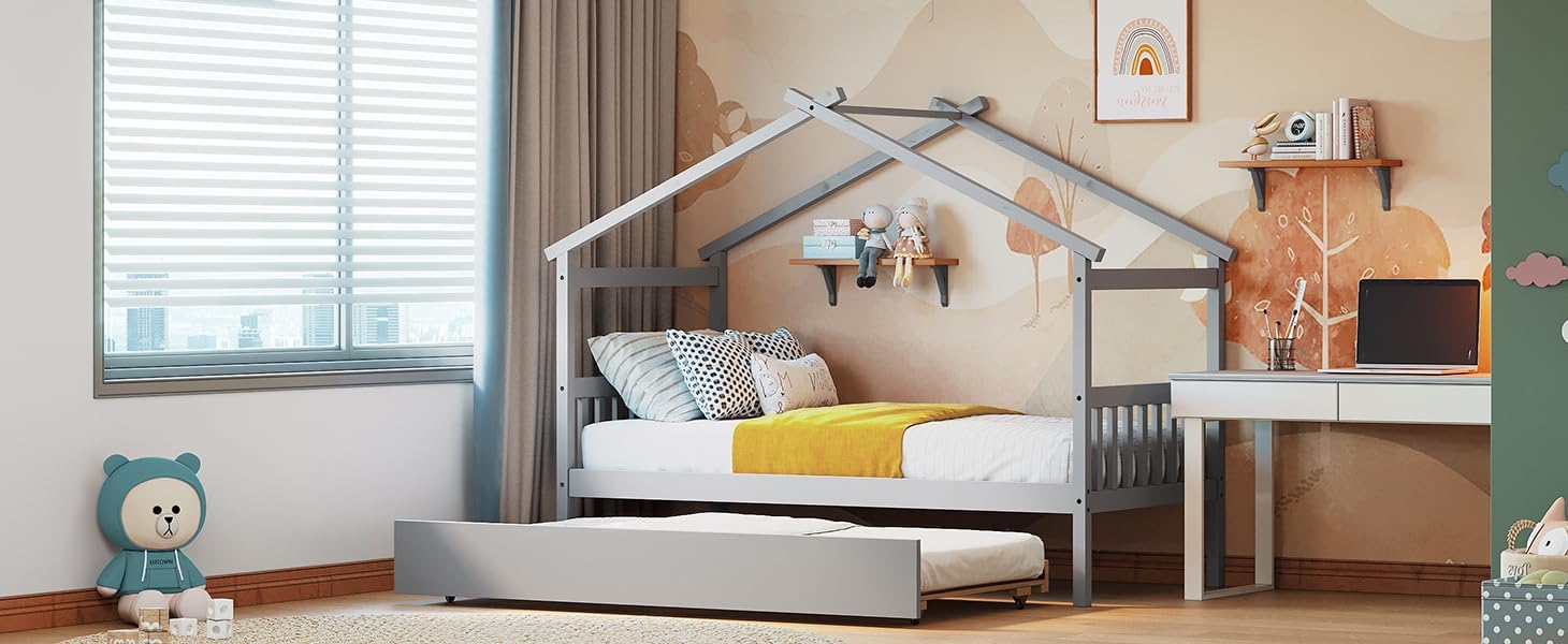 Full Size House Bed with Twin Size Trundle, Wooden House Bed Frame with Roof Headboard for Boys Girls Teens Bedroom Furniture (Mattress Not Included) Gray As Shown