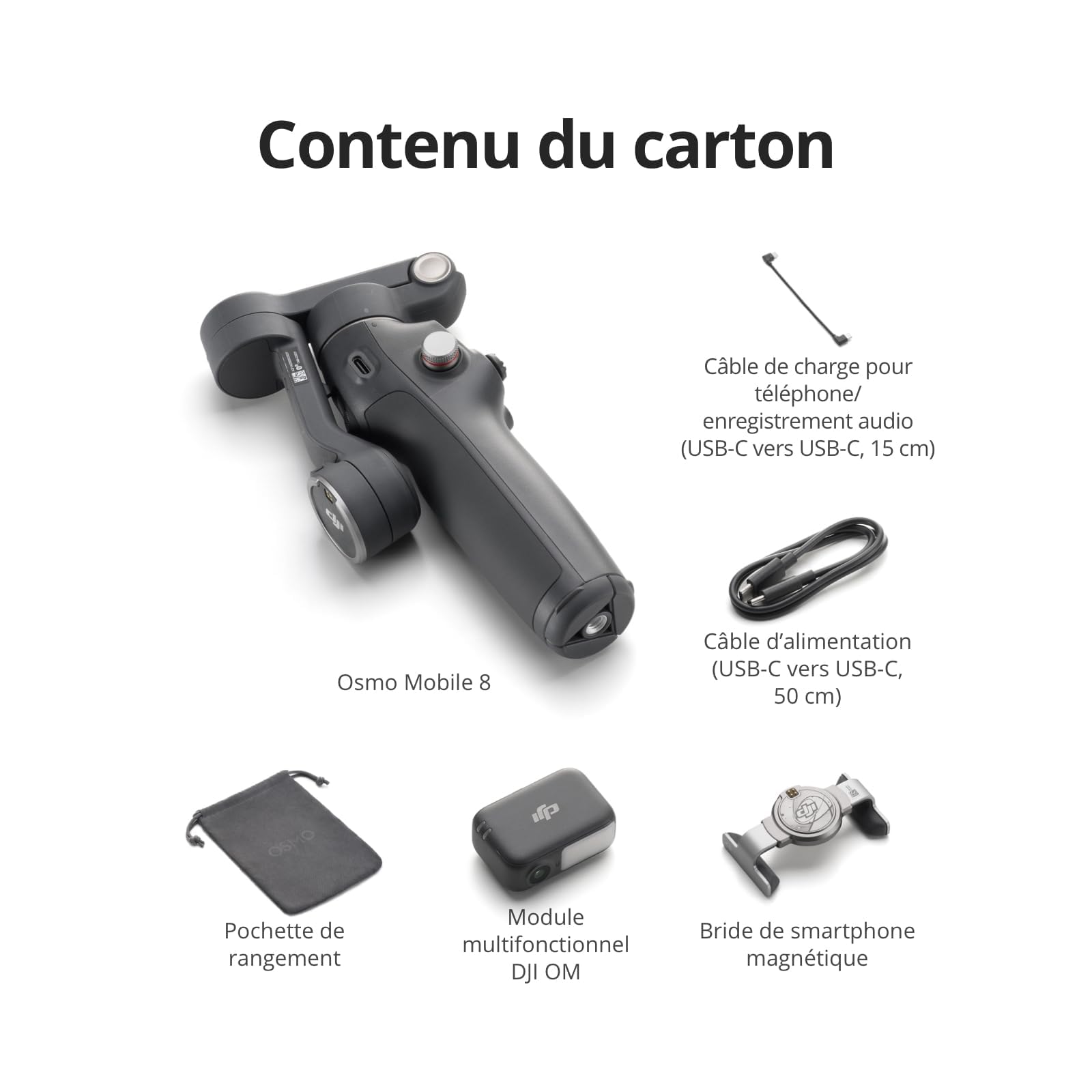 Nacelle stabilisatrice pour Smartphone DJI Bundle Suivi avancé Osmo Mobile 8, Suivi natif IA avec Audio et éclairage, Rotation panoramique à 360°, Barre d’Extension et trépied intégrés