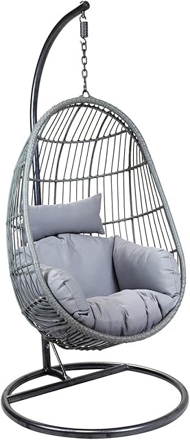 Charles Bentley Hanging Egg Shaped Rattan Swing Chair With Cushion - Grey
