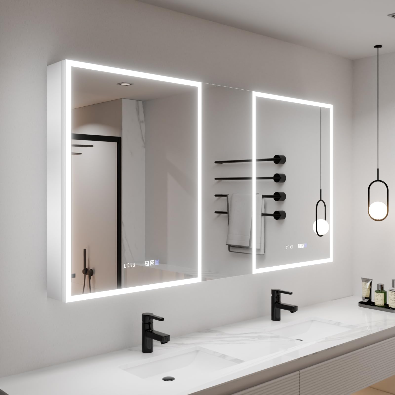 ExBrite LED Lighted Bathroom Medicine Cabinet 60 x 32 Inch, led Medicine Cabinet with Extra Closed Storage Cabinet,Defog,Temper/Clock,Dimming,Color