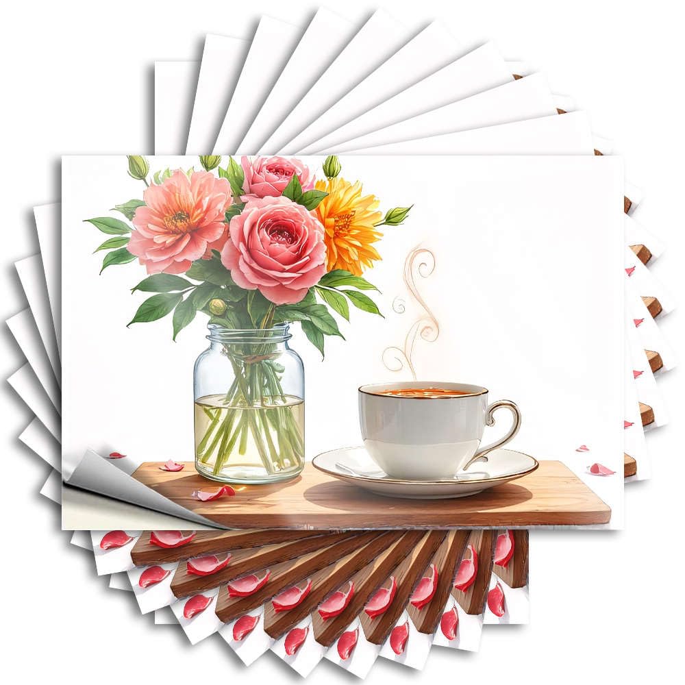 Decal Gamers Accessories Peel and Stick - Flowers in Vase with Cup of Tea On Wooden Tray. Bottle Unique Waterproof Vinyl for Double(8X12CM)