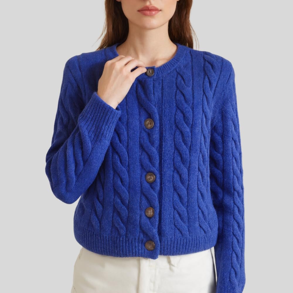 Women's Cashmere and Merino Wool Blend Cable Knit Button Front Cardigan Sweater,Long Sleeve,Thick Knit