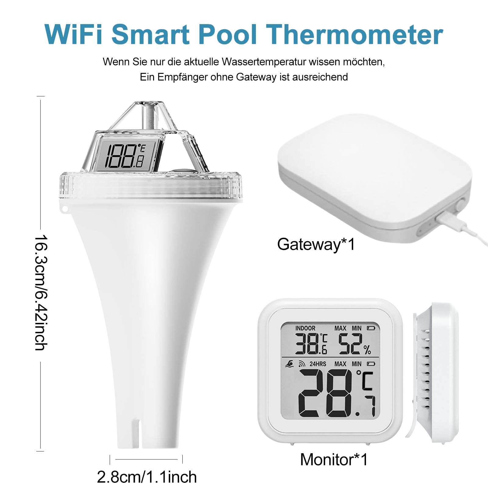 Wlan Pool Termometro galleggiante, app per piscina, termometro digitale per acqua, con sensore esterno, per laghetto, piscina interna ed esterna