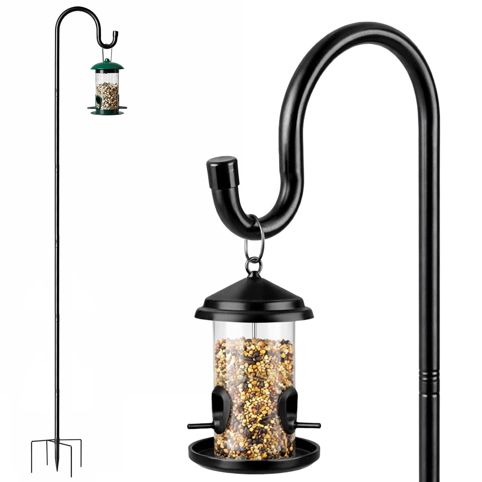 EVERGOODS Bird Feeder Pole 7.6 FT Tall Stake with 4 Height Settings 233cm Shepherds Hooks Heavy Duty 5 Prongs Base Heavy-Duty Steel Shepherds Hook for Hanging Feeders, Squirrel Baffle, Bird Bath-Black