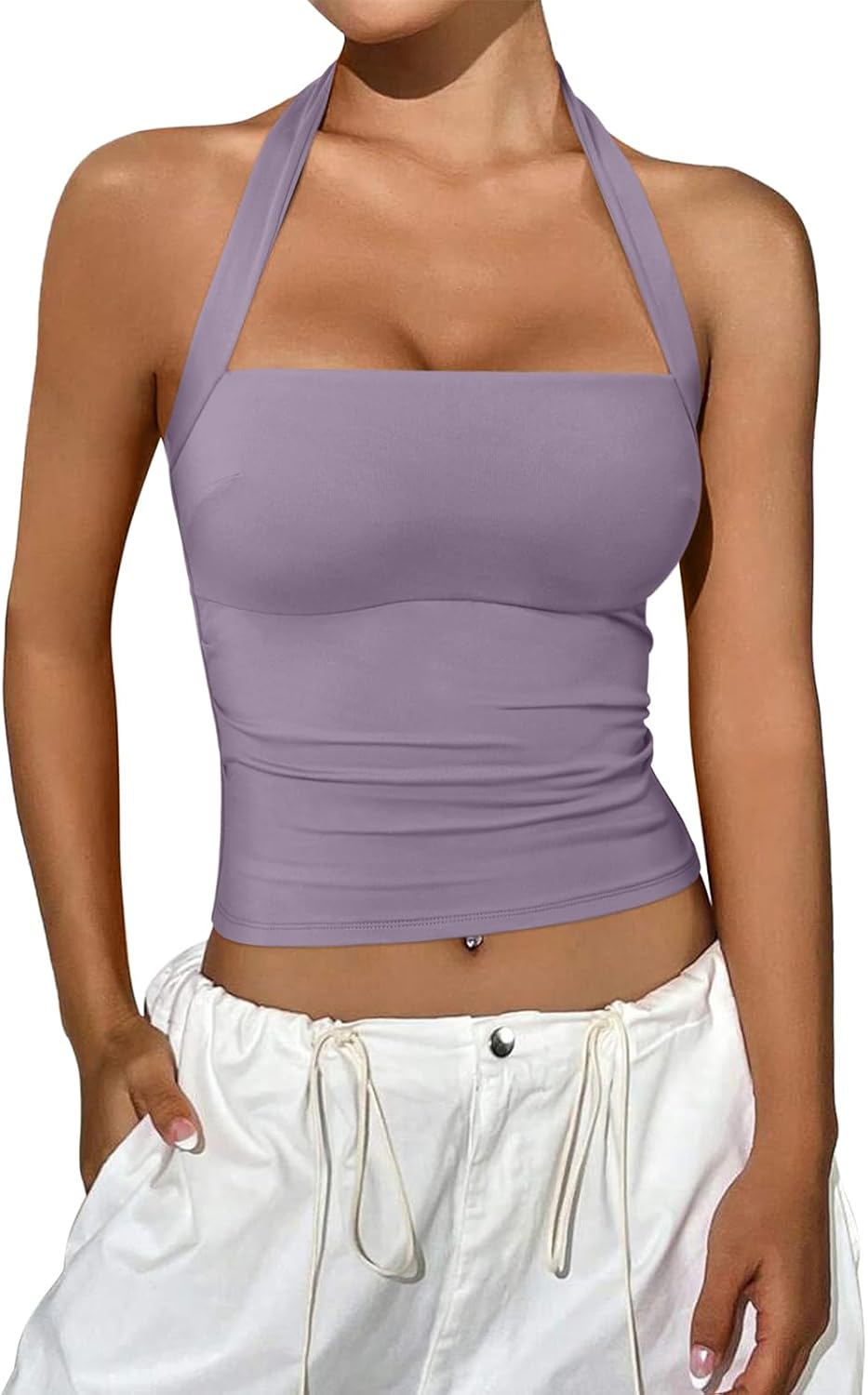 REORIA Women's Halter Going Out Tops 2025 Summer Y2K Shirts Sleeveless Sexy Crop Tank Top Y2k Outfits