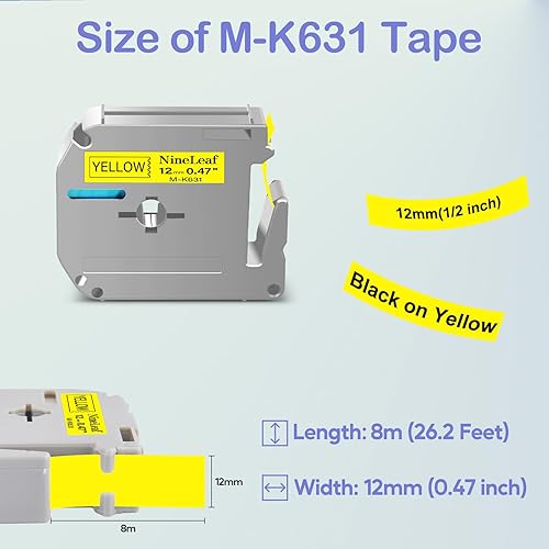 Miniatura 2 de NineLeaf Compatible con Brother P Touch M Tape M-K631 MK631 M631 0.472in 0.47" Cinta de etiquetas amarilla funciona con Ptouch PT-M95 PT-90 PT-70