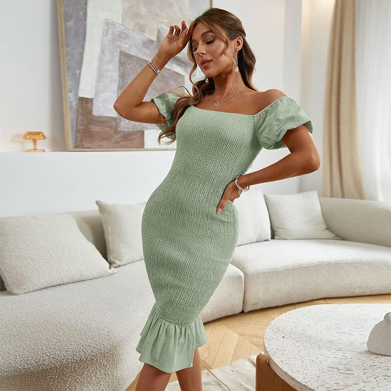 Miniatura 5 de BerryGo Vestido de sirena de manga corta abombada con hombros descubiertos para mujer, con volantes, fruncido, para fiesta, cóctel, vestido midi