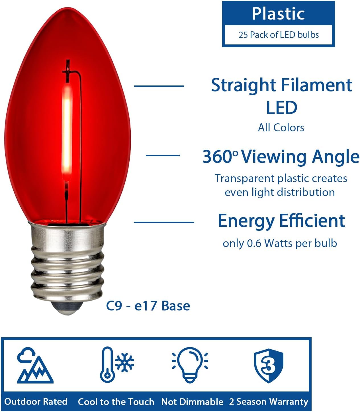 Novelty Lights 25 Pack C9 LED Filament Bulbs, Red Shatterproof Plastic Replacement Christmas Lights, E17 Base for Indoor/Outdoor Strings, Dimmable, 0.6W 10,000 Hour Life