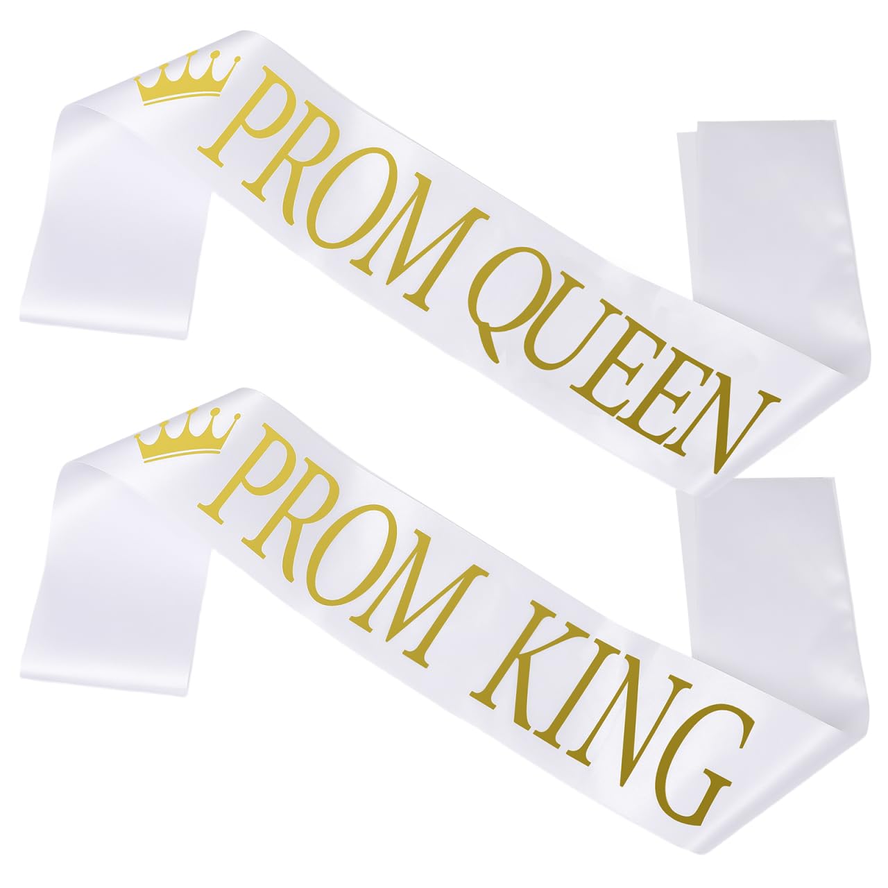 Amosfun Prom King & Queen Sash Set 2-Pack, 160 cm White Satin with Gold Foil Embossing, Shoulder Drapes for Prom, Wedding, Graduation Party