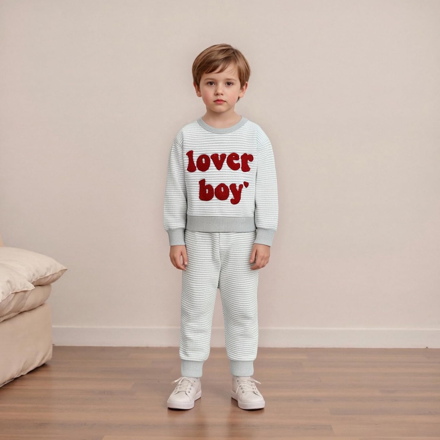 Toddler Baby Boy Valentines Day Outfit Lover Boy Embroidery Waffle Knit Long Sleeve Sweatshirt and Pants Set - Image 2