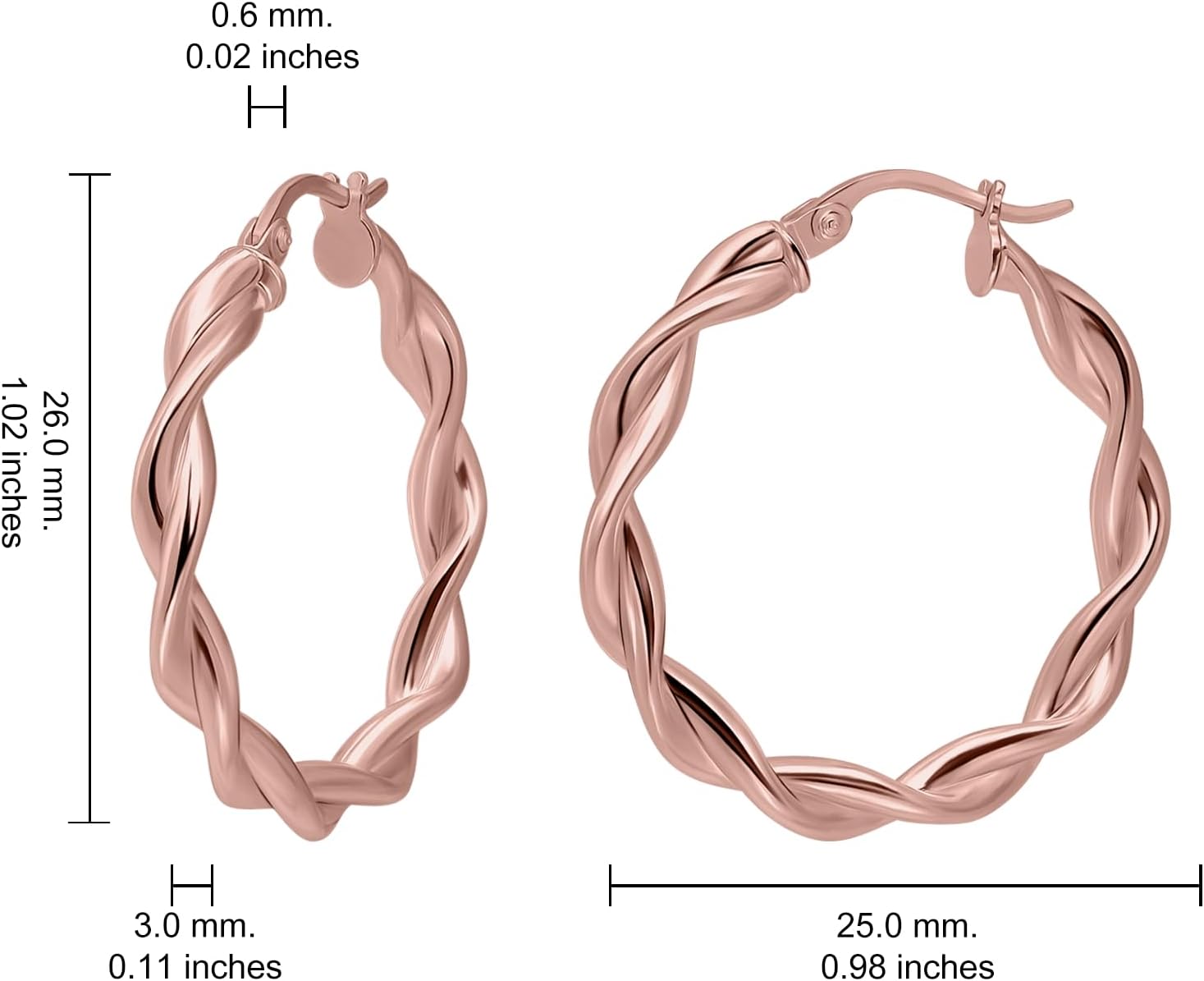 Hoops & Loops 925 Sterling Silver Twisted Hoop Earrings for Women, Silver/Gold/Rose Gold 3mm Twist Hypoallergenic Hoop Earrings 15/20/25/30/35/40mm