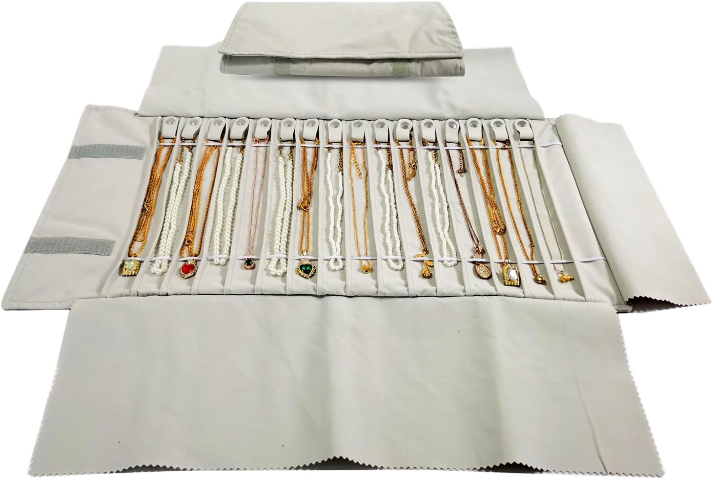 Portable Jewelry Roll Untangled Secure Necklace Travel Storage Bag Displays Holder 16 Chain (Beige)