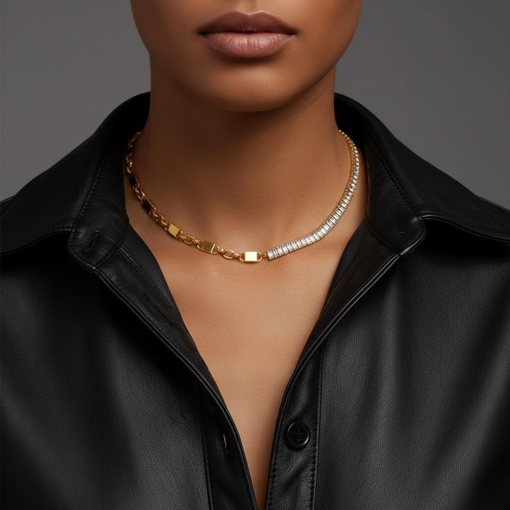 18K Yellow Gold Baguette CZ Choker Chain Necklace for Women, 18 Karat Gold Plated over Stainless Steel with Clear Cubic Zirconia Stones, Tarnish Resistant, 15-Inch Length with a 2-Inch Extension