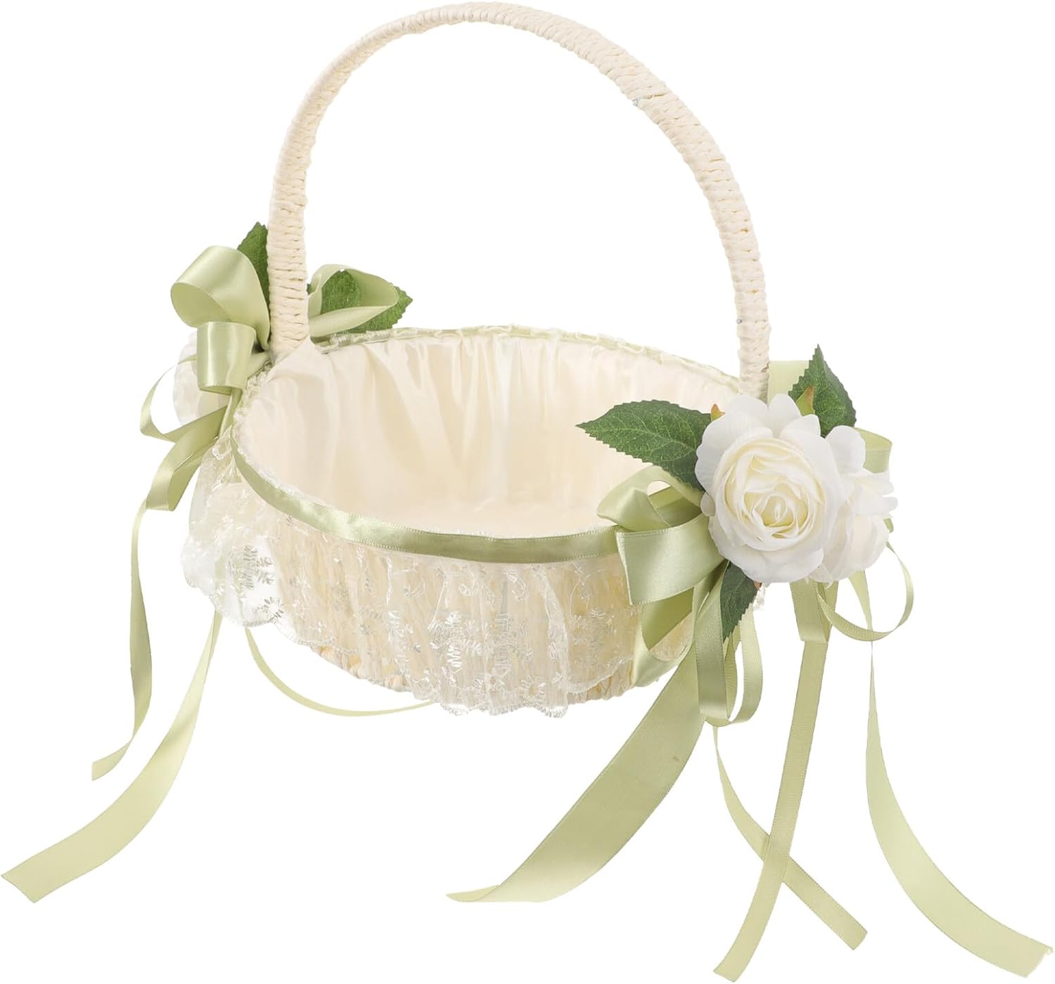 SHINEOFI Wedding Flower Girl Basket White Lace Petal Basket with Bow Handle for Wedding Party Supplies and Ceremony Decorations
