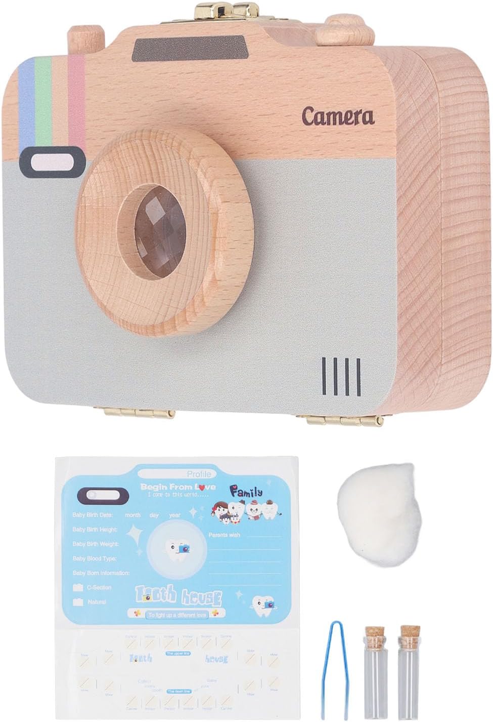 Camera Shaped Tooth Holder for Kids, Baby Tooth Storage Box, Wooden Keepsake Box with Safety Latch for Fetal Hair and Teeth, Premium Pine Wood Memory Box for Children (Type 2)