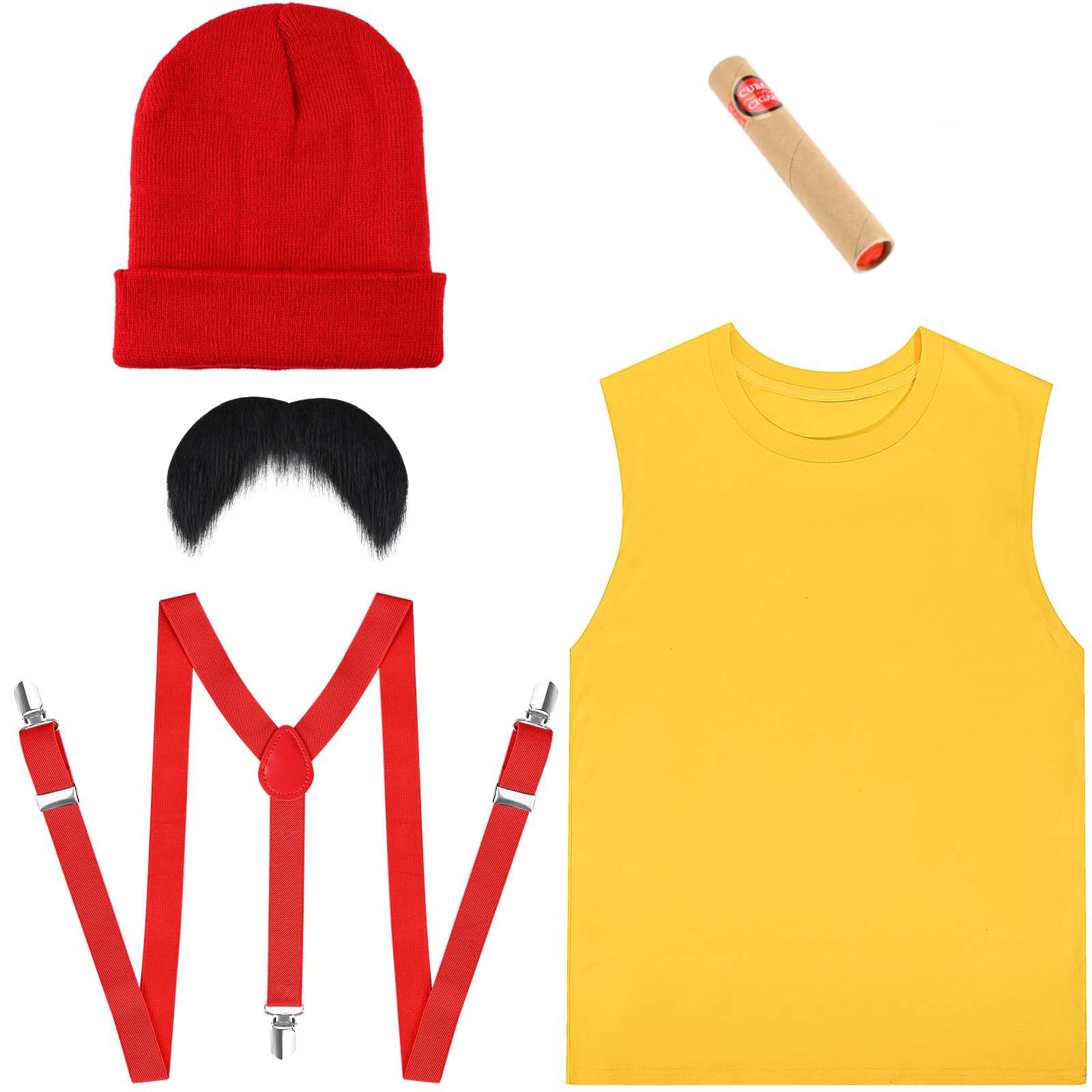 5 Pcs Halloween Costume Kit Include Yellow Vest Beanie Suspender and Mustache for Men Women Party Dress Up