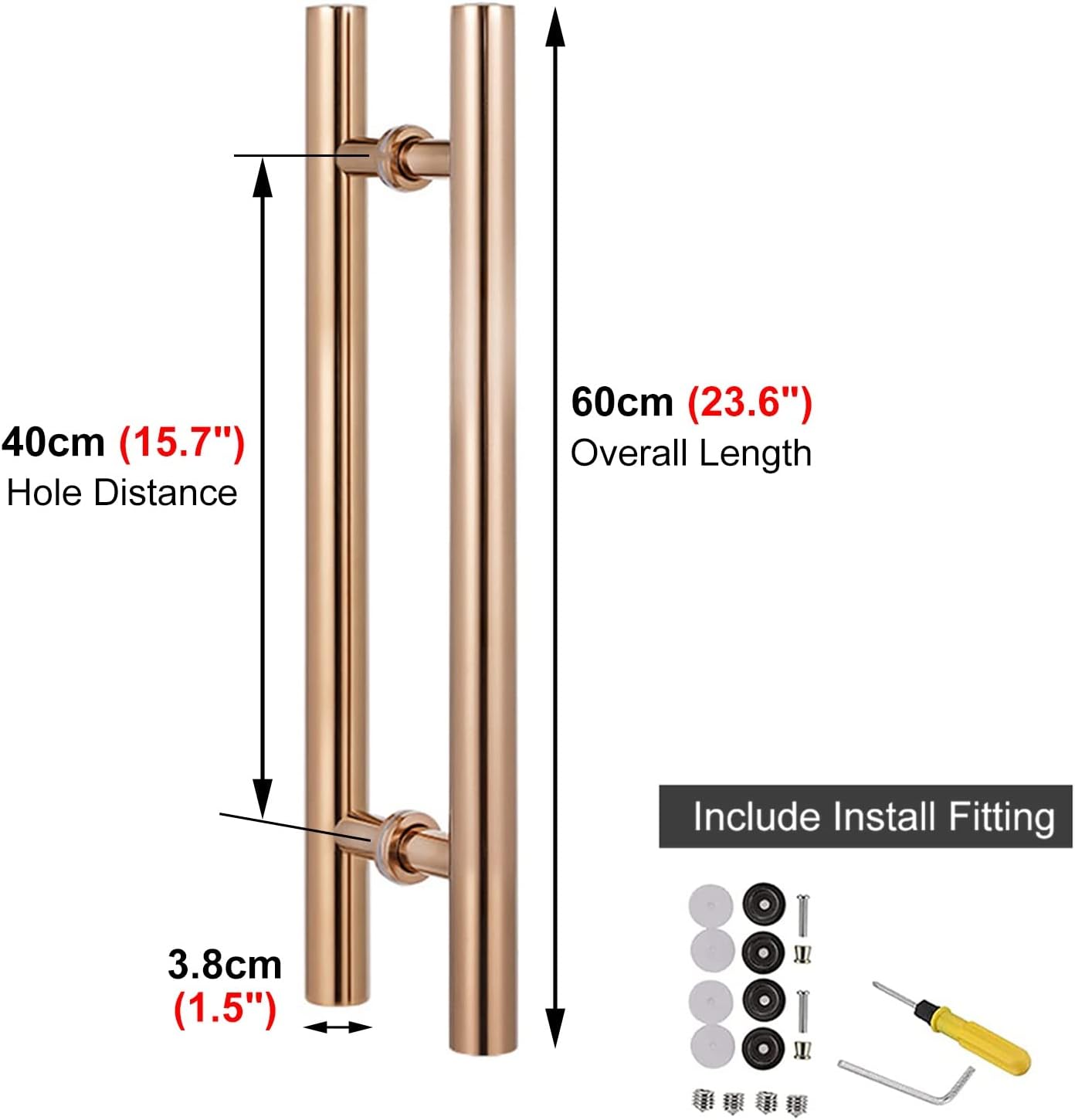 Door Pull Handle Stainless Steel Door Handle Push/Pull Set, Barn Showers Office Modern Doors Pulls Bar Double Sided, 24inch/32inch/40inch/47inch/59inch Long (Color : Rose Gold, Size : 60cm/2