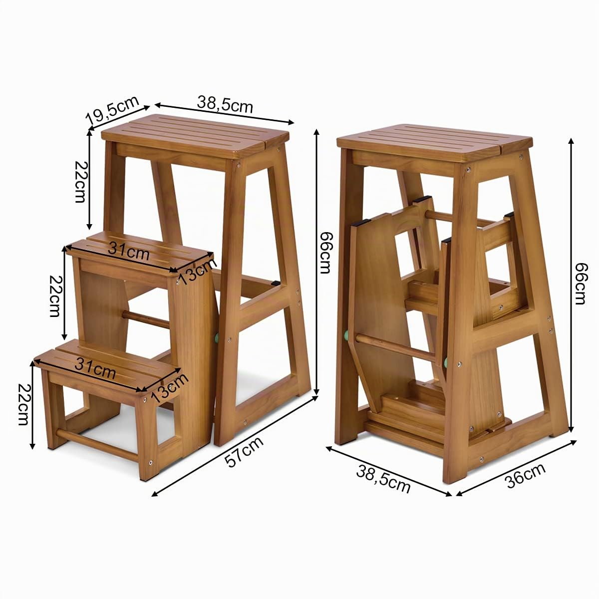DREAMADE Escabeau Pliant en Bois Marchepied 3 Marches 57x38x66CM avec Patins Antidérapants Tabouret Escalier Multifonctionnel Charge 150KG pour Enfant&Adulte (Naturel)