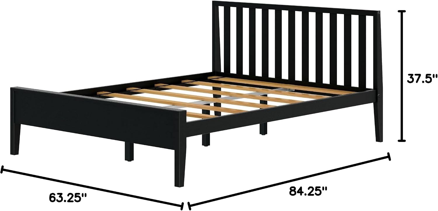 Plank+Beam Modern Solid Wood Queen Bed Frame with Slatted Headboard, Scandinavian Platform Bed with Wood Slat Support, Easy to Assemble, Black