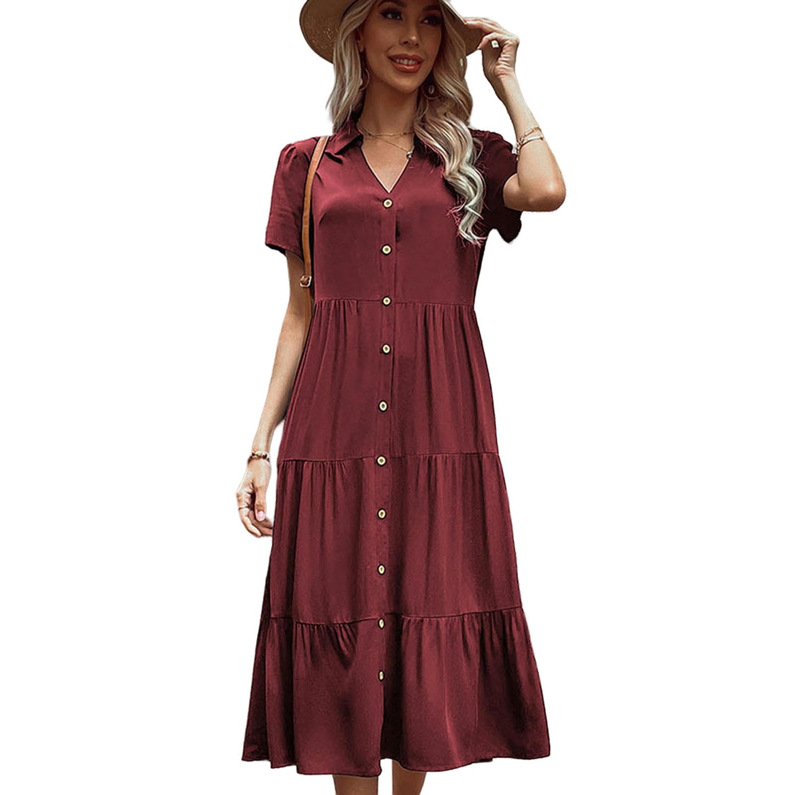 Vestidos para mujer, cuello en V, botones, manga corta, con volantes, acampanado, vestido camisero midi fluido. YYEFNMAZ