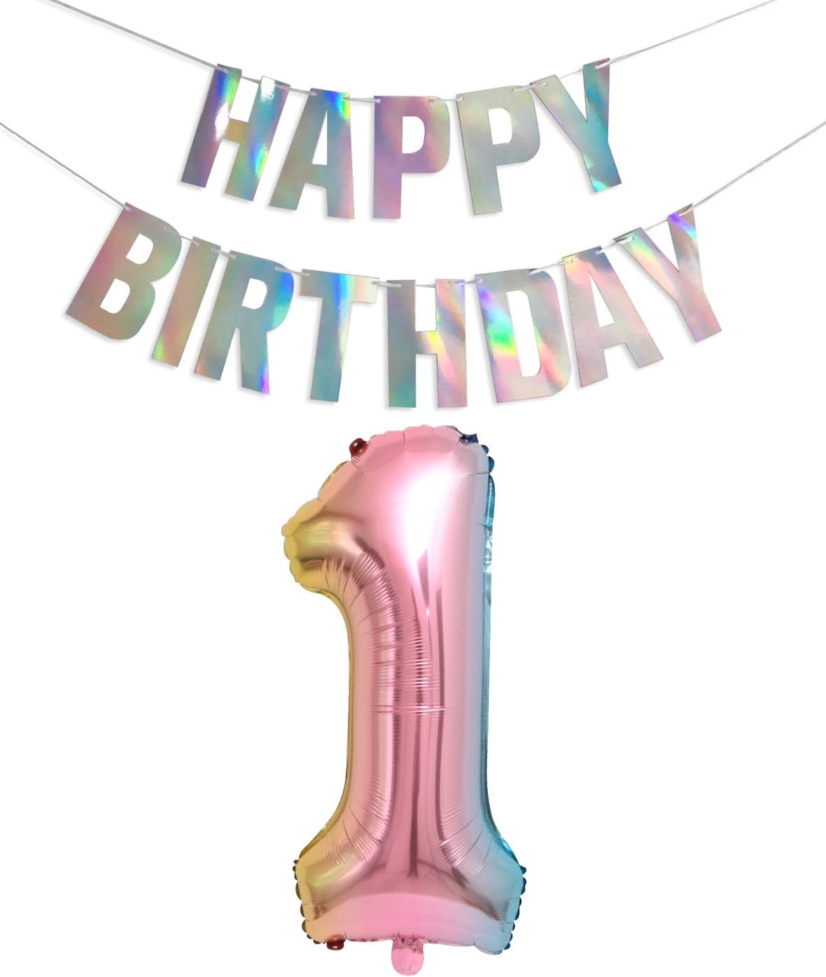 PIXHOTUL 40 Inches Large Rainbow Gradient Numbers 0-9 Foil Balloons and Iridescent Happy Birthday Banner Kits for Girls and Boys Birthday Party Supplies (Rainbow, Number 1)