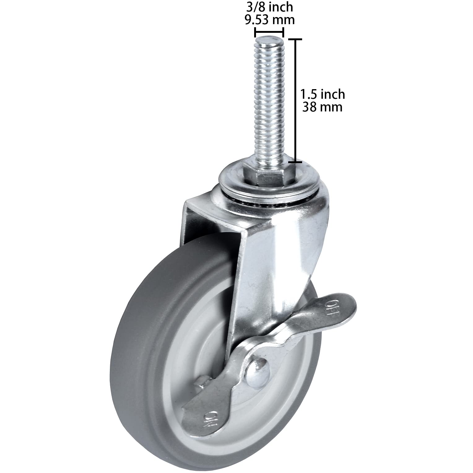 Set di 4 ruote piroettanti da 3 pollici con perno filettato per carichi pesanti, 3/8"-16x1-1/2, girevoli in gomma, ruote industriali con bloccaggio per scaffalature/mobili/carrelli in filo metallic