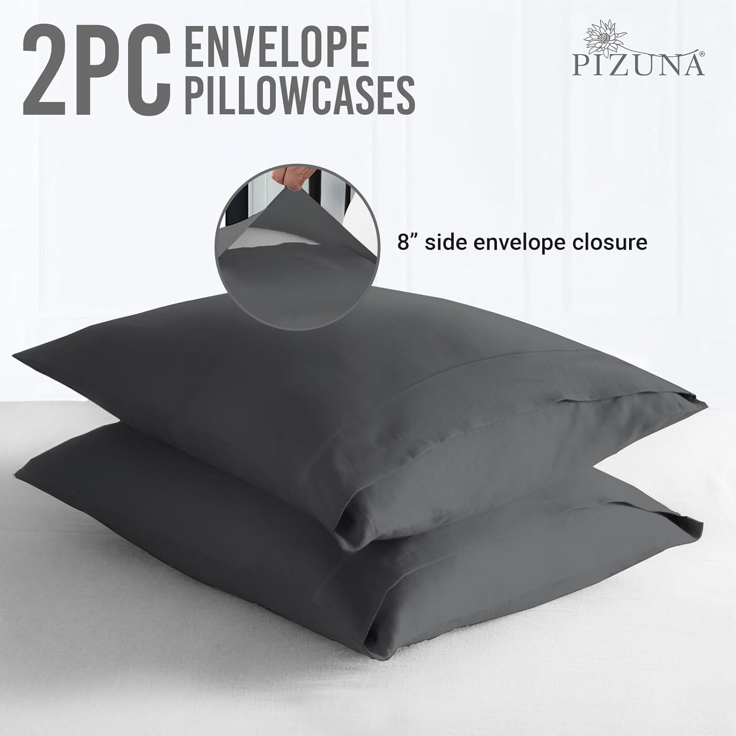 Pizuna 100% Cotton Pillow Cases Queen Size Set of 2 Luxury 600 Thread Count Sateen Weave Crisp and Cool Hotel Quality Envelope Closure Pillow Covers Fits Standard/Queen Pillows - Dark Grey