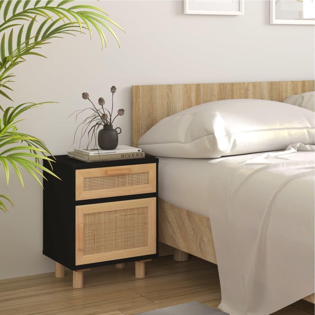 Home & Garden - Comodino in legno massello di pino e rattan naturale, colore: Nero