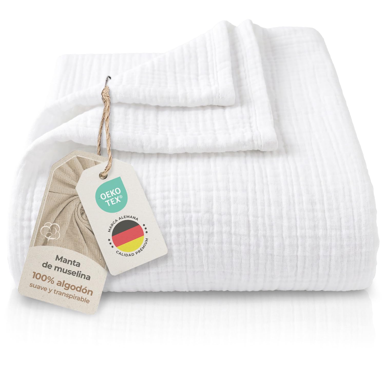 LAYNENBURG Colcha de Muselina Premium 220 x 240 cm - 100% algodón - Manta de algodón Extra Suave como Manta acogedora, Manta de Cama, Manta de sofá, Manta de sofá (Blanco)