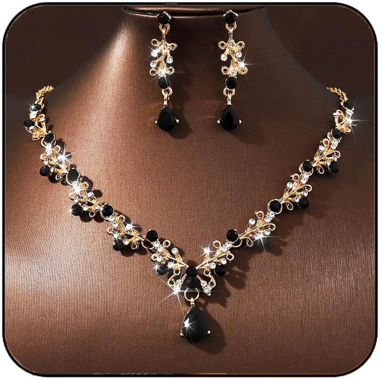 Jakawin black rhinestone formal necklace earrings set women