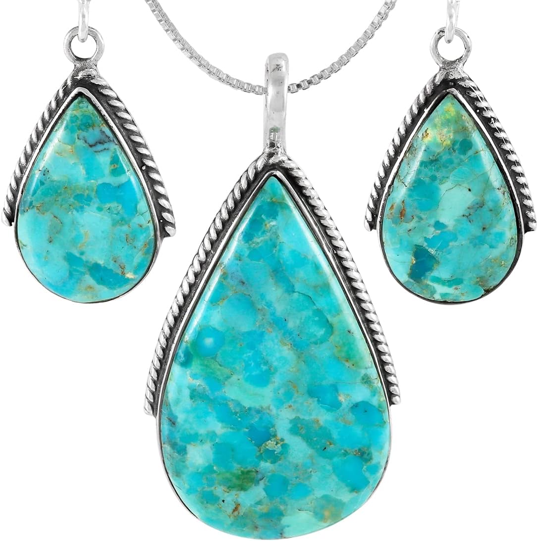 Turquoise Network Genuine Gemstones Necklace Earrings Pendant Set in 925 Sterling Silver (24" Length)
