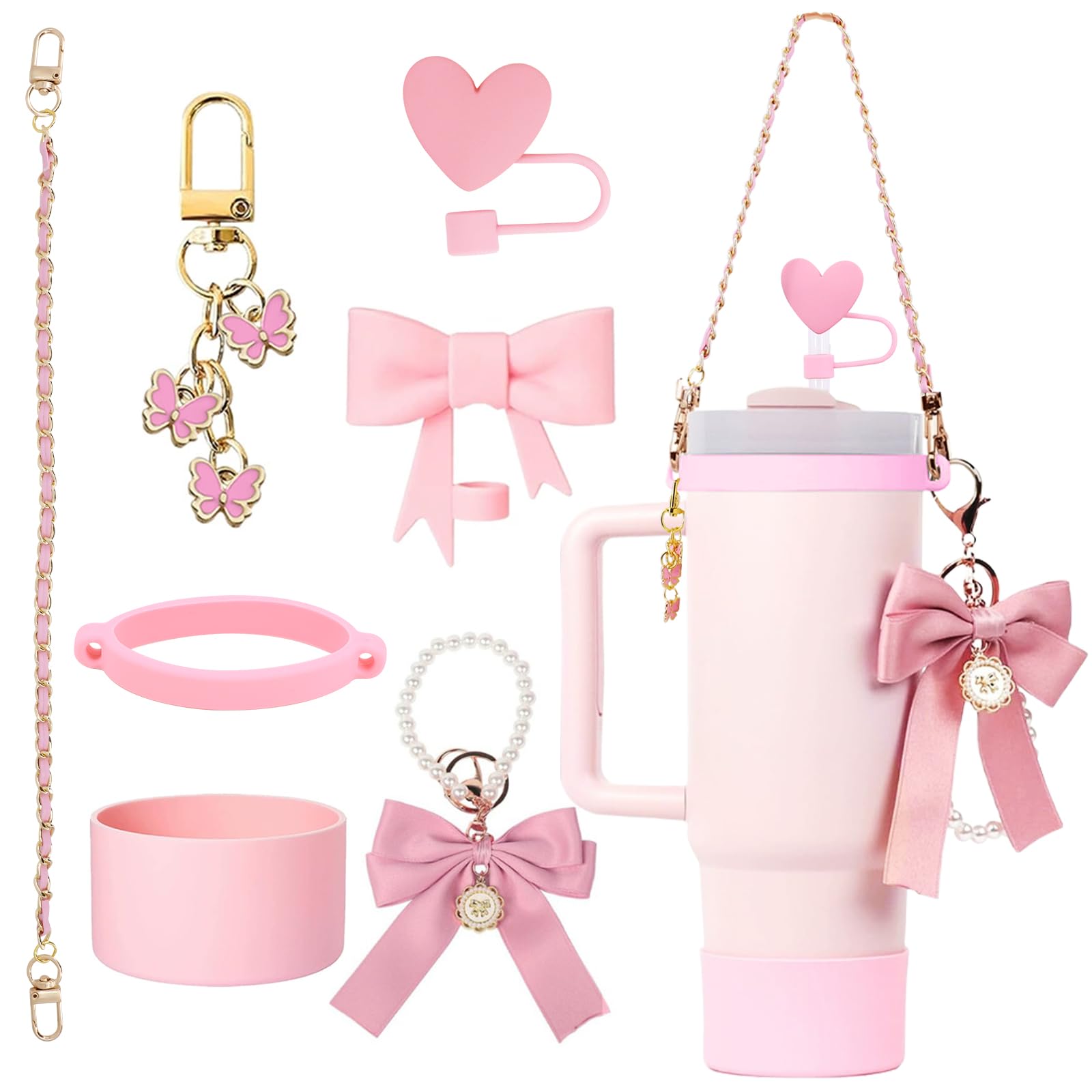 Decorative Accessories for Stanley Cup 7Pcs Include Bow Series Dustproof Straw Cover Charms and Same Color Silicone Base Handle Strap Apply to Stanley Cup 30/40oz (Pink)