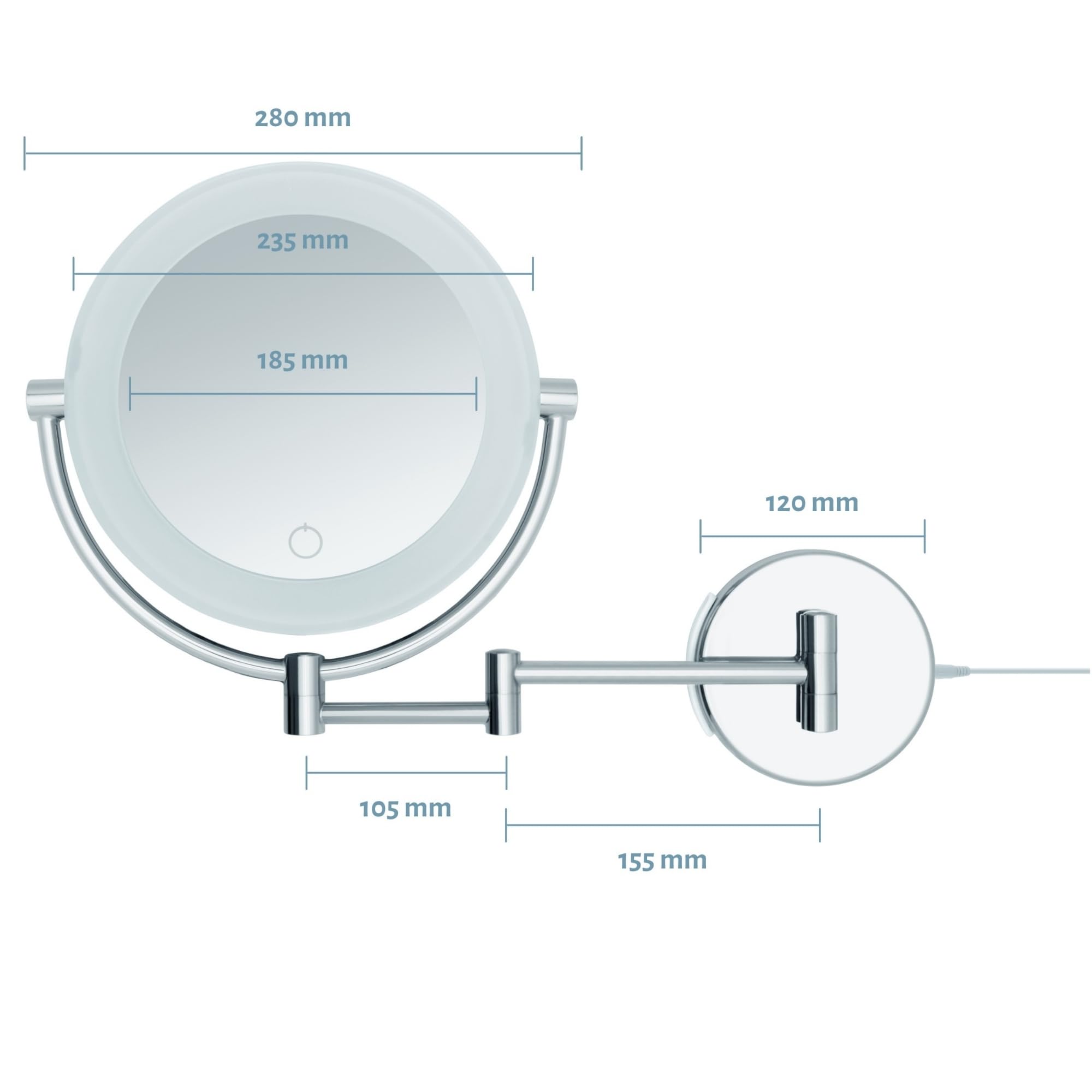 Kosmetikspiegel XXL Tokio – LED Schminkspiegel 5x/10x Vergrößerung – Wandmontage mit Dimmer & Auto-Off – ausziehbarer Beautyspiegel Ø 18,5 cm – Betrieb mit Batterien oder USB-Kabel