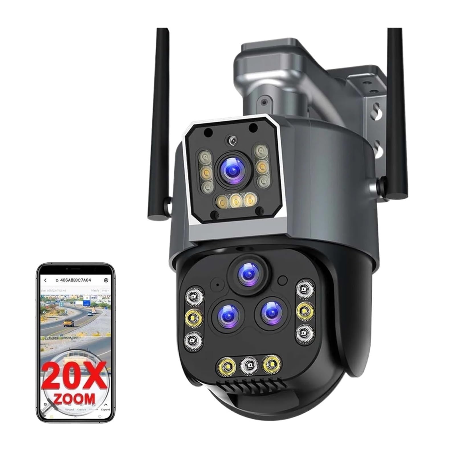 Telecamera Wifi Esterno, Telecamera IP 8K 16MP Zoom 20X PTZ Telecamera di sicurezza wireless esterna Telecamera CCTV a quattro lenti Telecamere di videosorveglianza 4K Smart Home ,Sicurezza, Antifurto