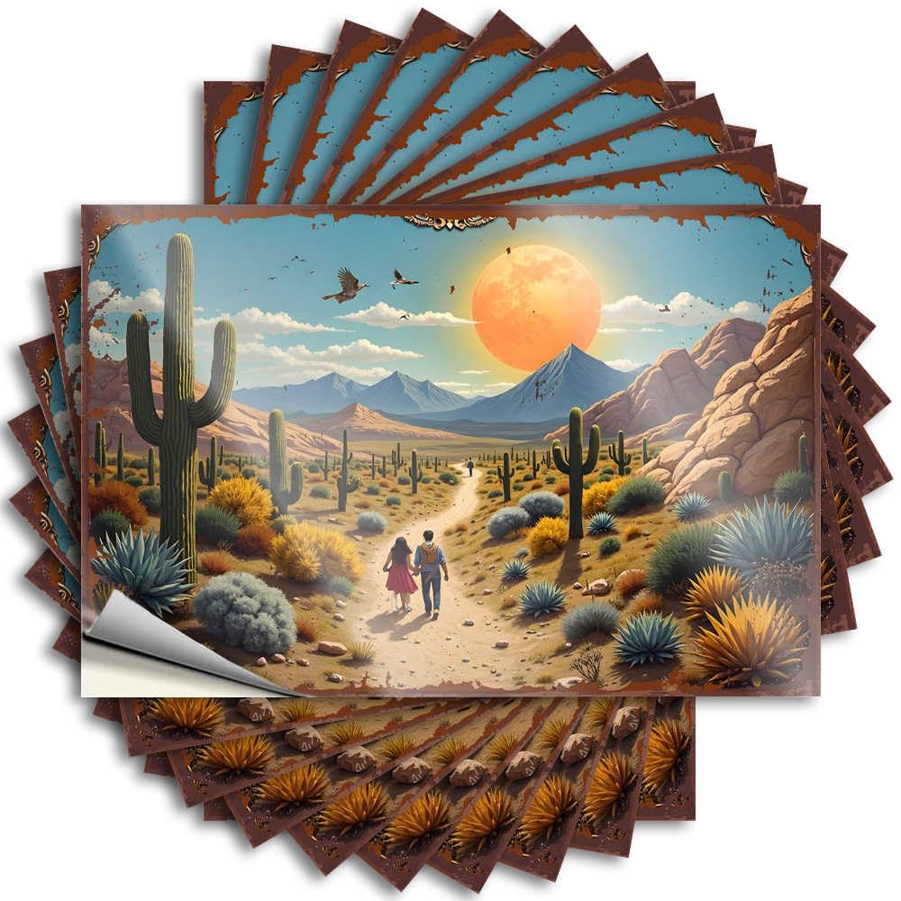 Tattoos Winter, Taupe Hat Desert Sunset Adventure: A Couple's Journey Through Cacti and Mou | Emo Room Decor(6X9CM)