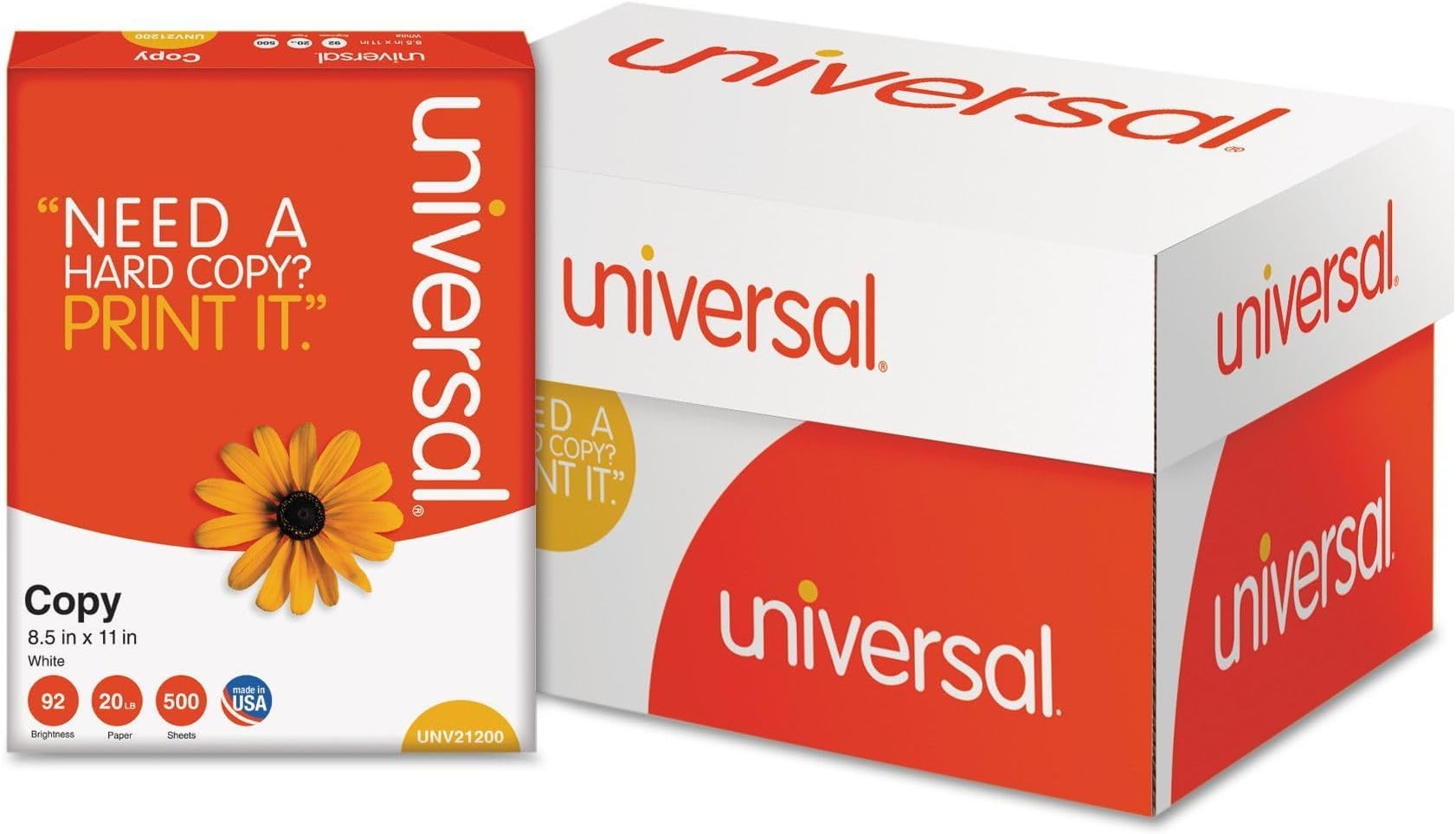Universal 21200 Copy Paper, 92 Brightness, 20lb, 8-1/2 x 11, White (Case of 5000 Sheets)