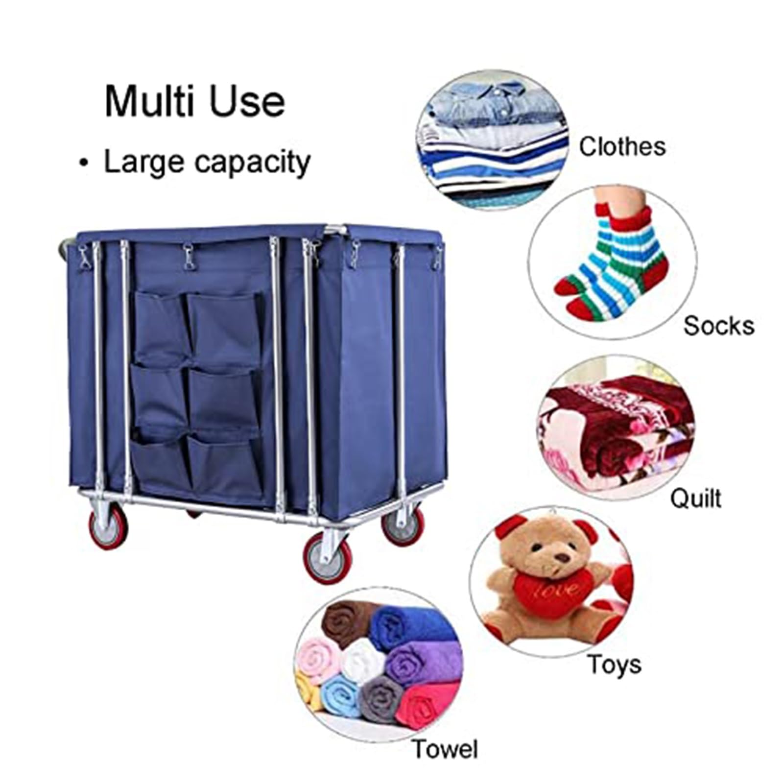 Carro de lavandería comercial de 400L con ruedas, cesto de lavandería industrial grande con ruedas, cesto de lavandería con ruedas con diseño de bolsillo lateral y bolsa interior extraíble(Blu)