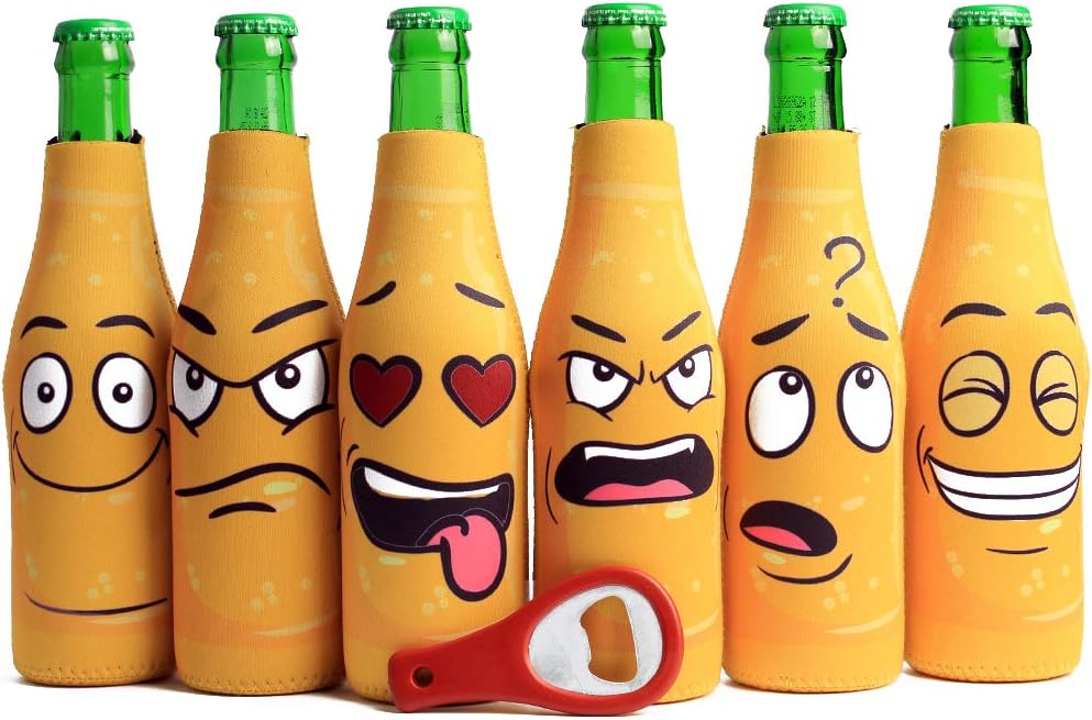 Amazing Drinkers - 6 pack funny quotes & cartoons Extra Thick yellow Neoprene Beer Bottle Sleeve Covers -Fully stitched, Non-Glued Base + bottle opener Trendy & Awesome Gift or Hosting Item # 6B-YFC