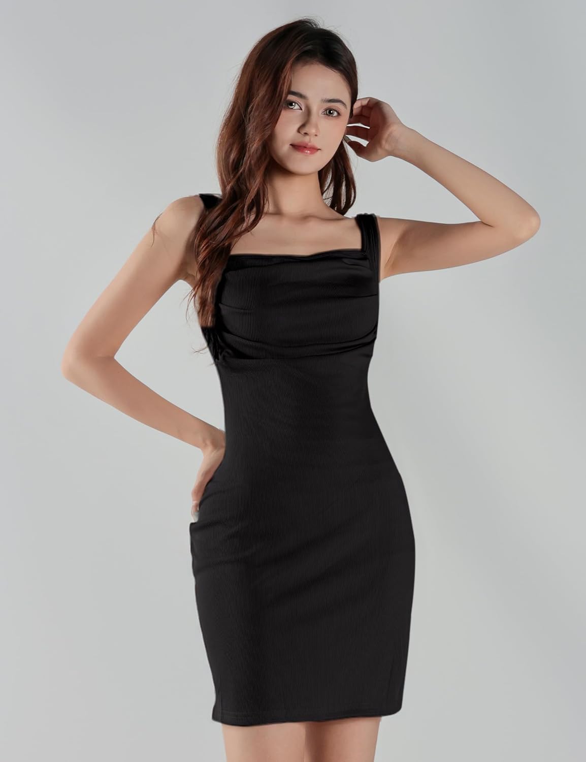 Womens Square Neck Sleeveless Tank Top Bodycon Dresses Backless Ruched Wide Shoulder Straps A-line Mini Dresses - Image 4