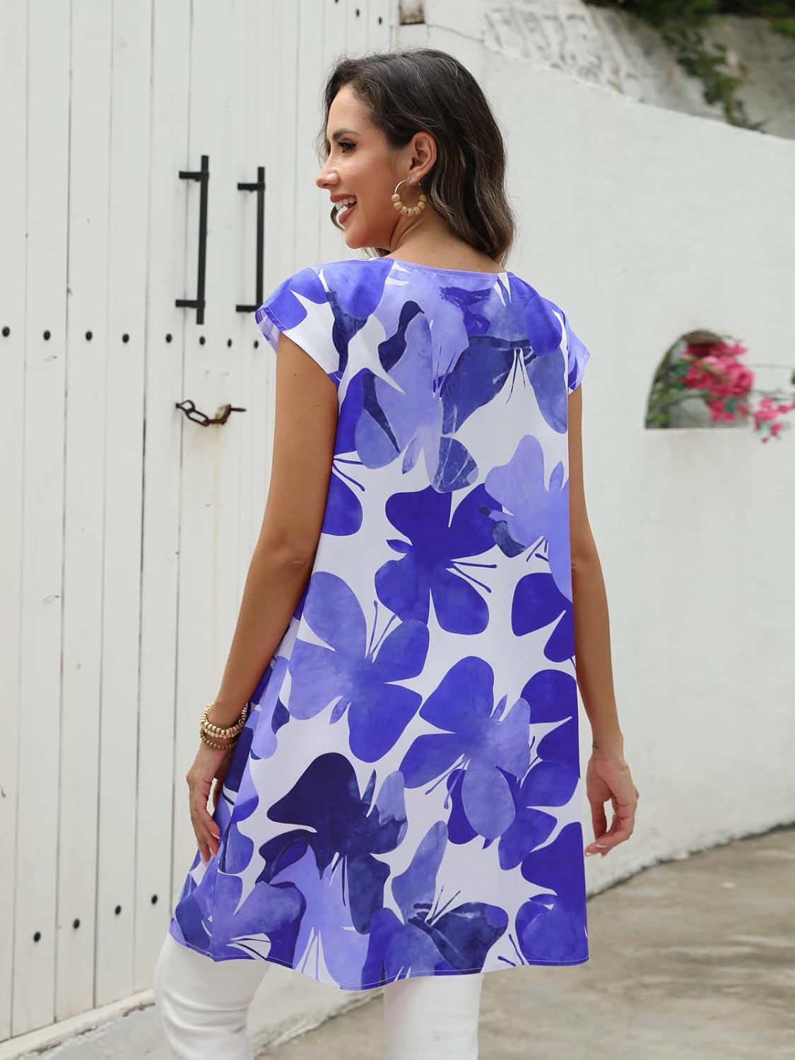 Womens Long Tunic Top Floral Printed Cap Sleeve Round Neck Loose Fit Pullover for Summer Casual Outfits - Image 3